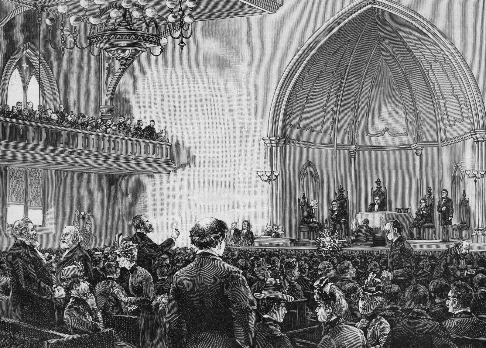 Engraving of a historic 19th-century legislative assembly hall