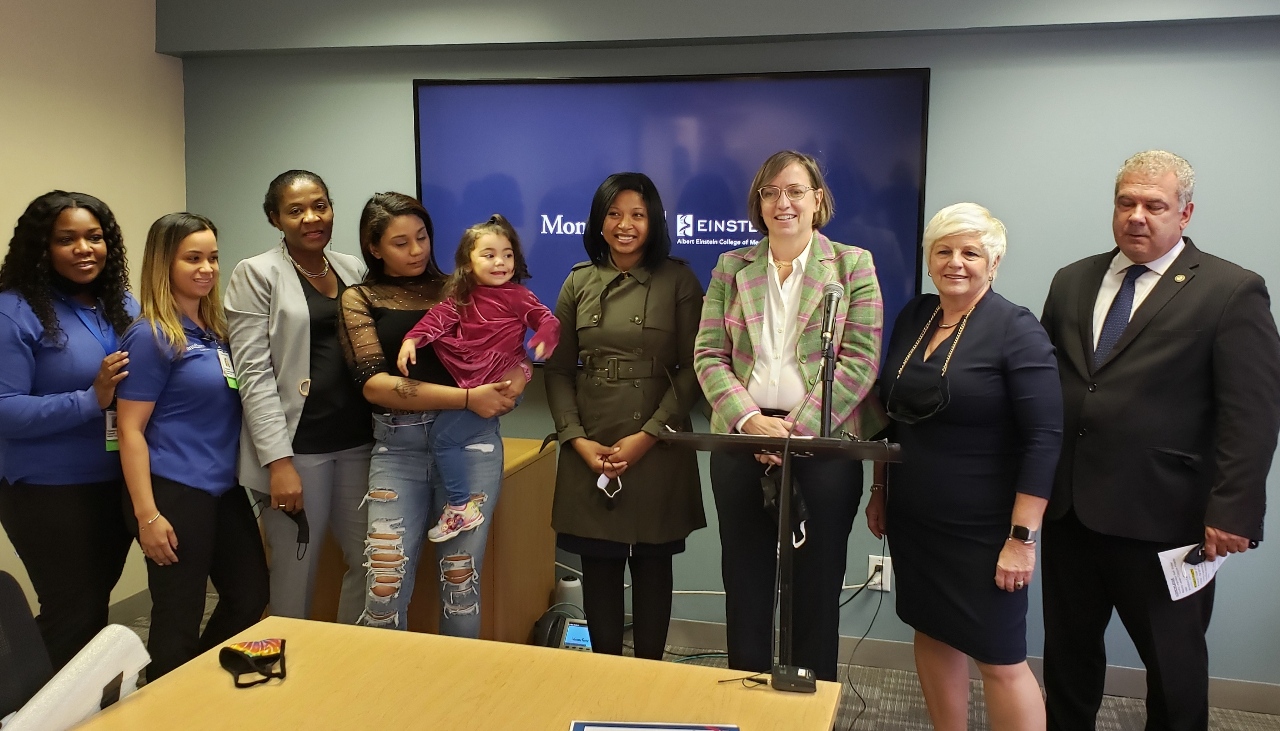 Leg. Ruth Walter, Yonkers Mayor Mike Spano, Yonkers City Council Majority Leader Corazon Pineda-Isaac, and Montefiore Home Care Executive Director Mary Gadomski join nurses and clients from the Nurse-Family Partnership