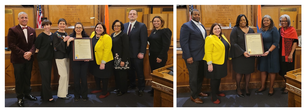 L Photo (L to R: Leg. Colin Smith, Leg. Margaret Cunzio, Honoree Marcela Briones-Levin, Chair Catherine Borgia, Leg. Terry Clements, Leg. Vedat Gashi & friends); R Photo (L to R: Paul Mosley, Chair Catherine Borgia, Honoree Dr. Pauline Mosley, Leg. Jewel Williams Johnson, Deborah Mosley)