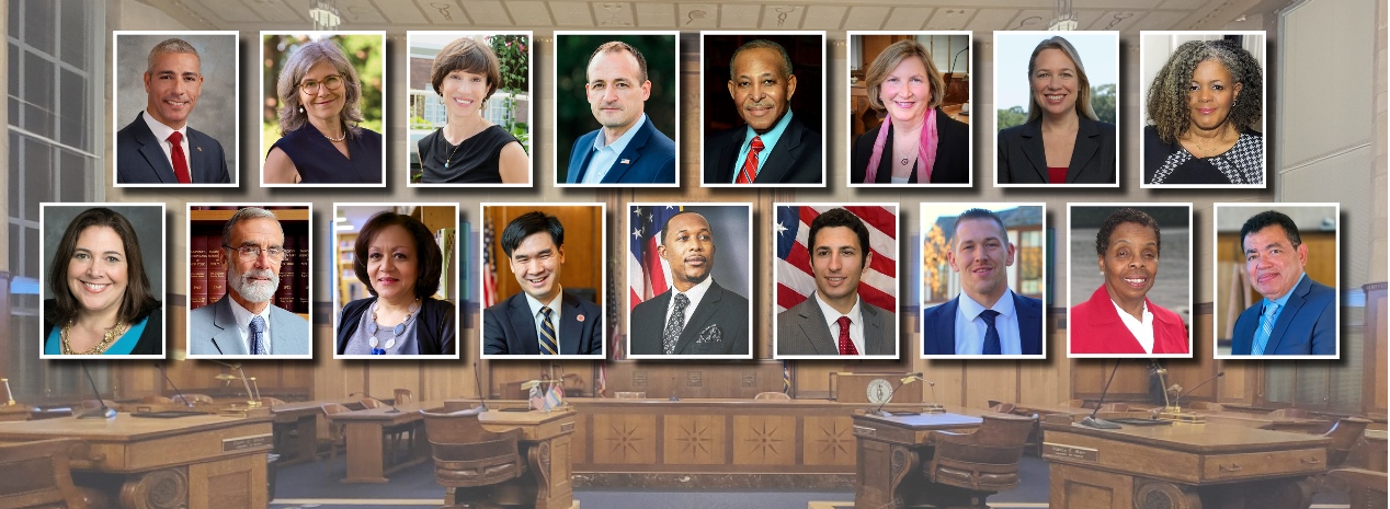 many individual portraits superimposed over meeting room