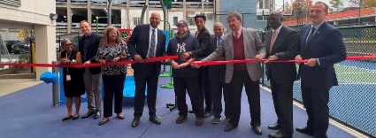 Pictured L-R: Katie Green Johnson, Program Dir., Coachman Family Center; Westhab CEO Richard Nightingale; Leg. Jewel Williams Johnson, DSS Dpty. Dir. Randolf Scott; resident Anthony See; DSS Comr. Leonard Townes, Leg. Ben Boykin II, C.E. George Latimer, Dpty. C.E. Ken Jenkins, BOL Chair Vedat Gashi