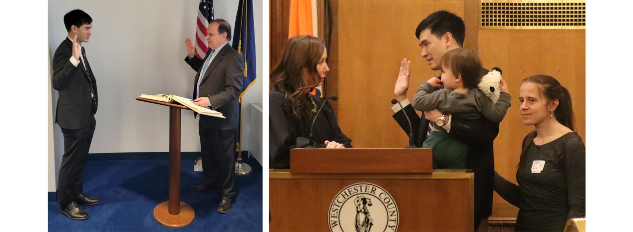 L-R - David Imamura recites the Oath of Office with County Clerk Timothy Idoni; Swearing-in at BOL Chambers by Judge Erin O'Shea McGoey