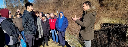 (Groundworks Hudson Valley Executive Dir. Oded Holzinger explaining flooding issues at Ardsley site to stakeholders)