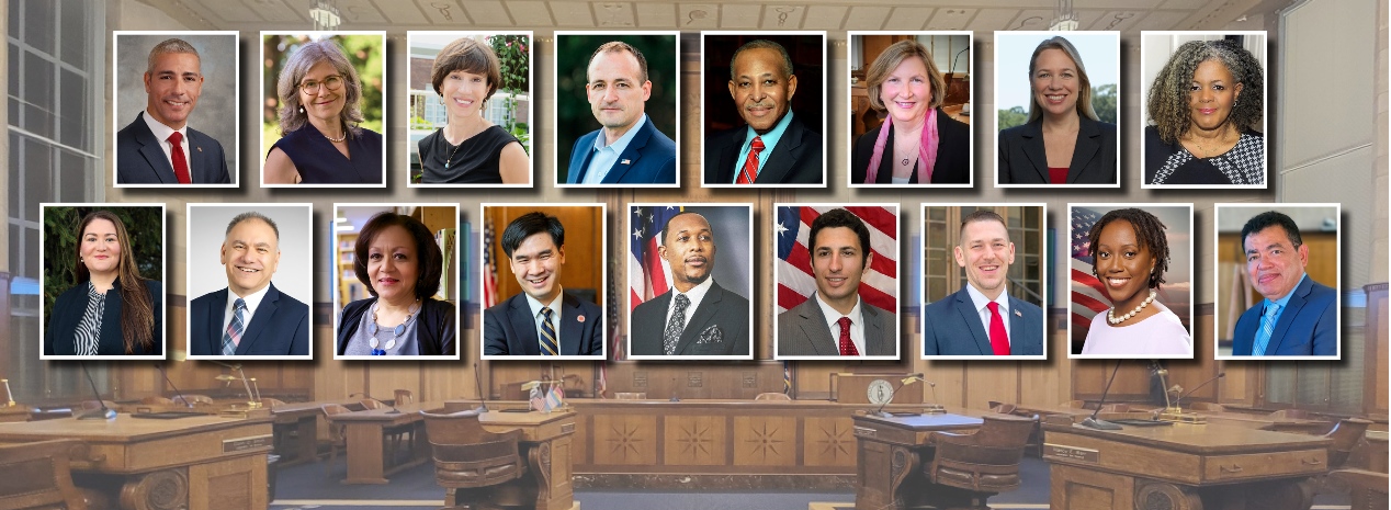 many individual portraits superimposed over meeting room