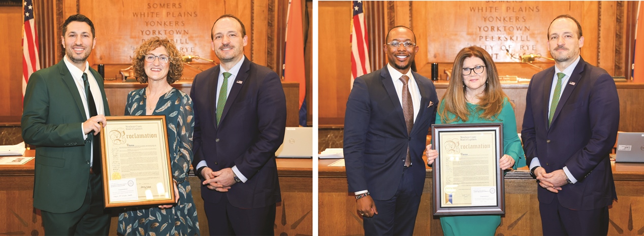 Legislators Tubiolo and Woodson-Samuels, and Chairman Gashi stand in a legislative chamber, each presenting a framed proclamation to an honoree during a recognition ceremony.