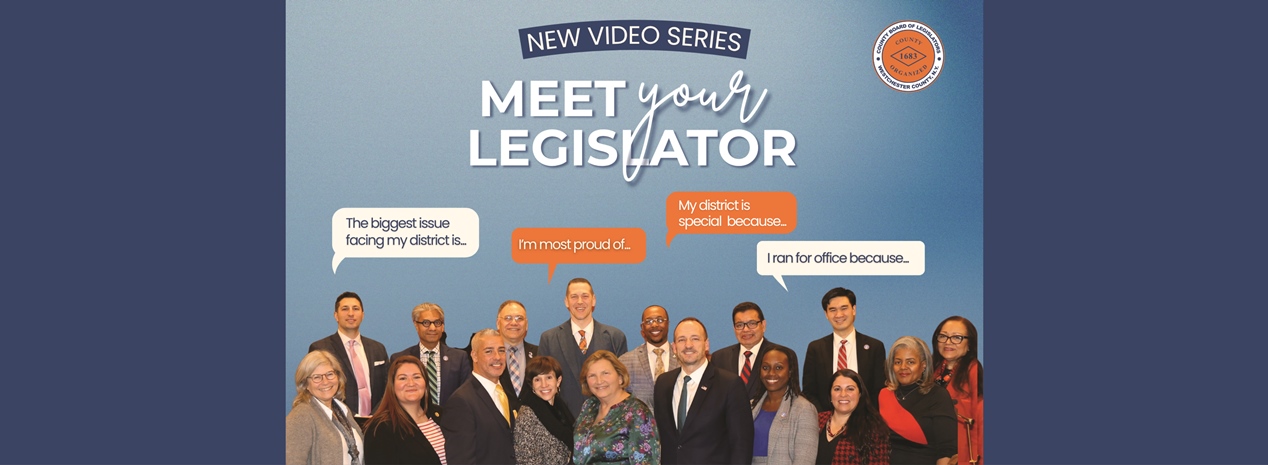 Group of county legislators posing together against a blue backdrop for a promotional video series.