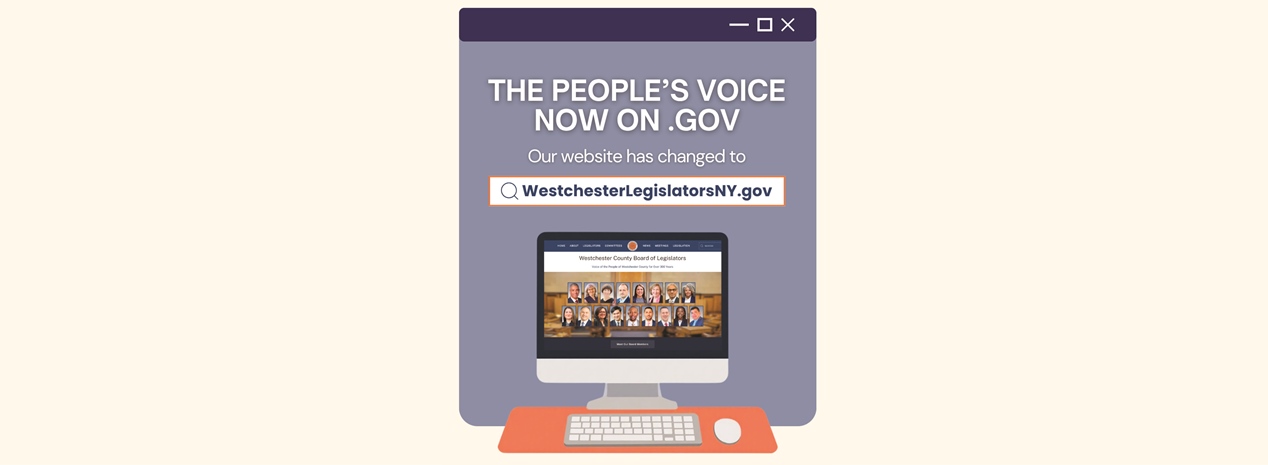 Computer monitor displaying a government website homepage with a banner and navigation menu on a blue background.