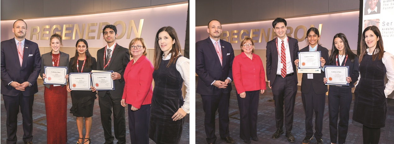 Students holding certificates pose with adults at a Regeneron Science Talent Search recognition event.