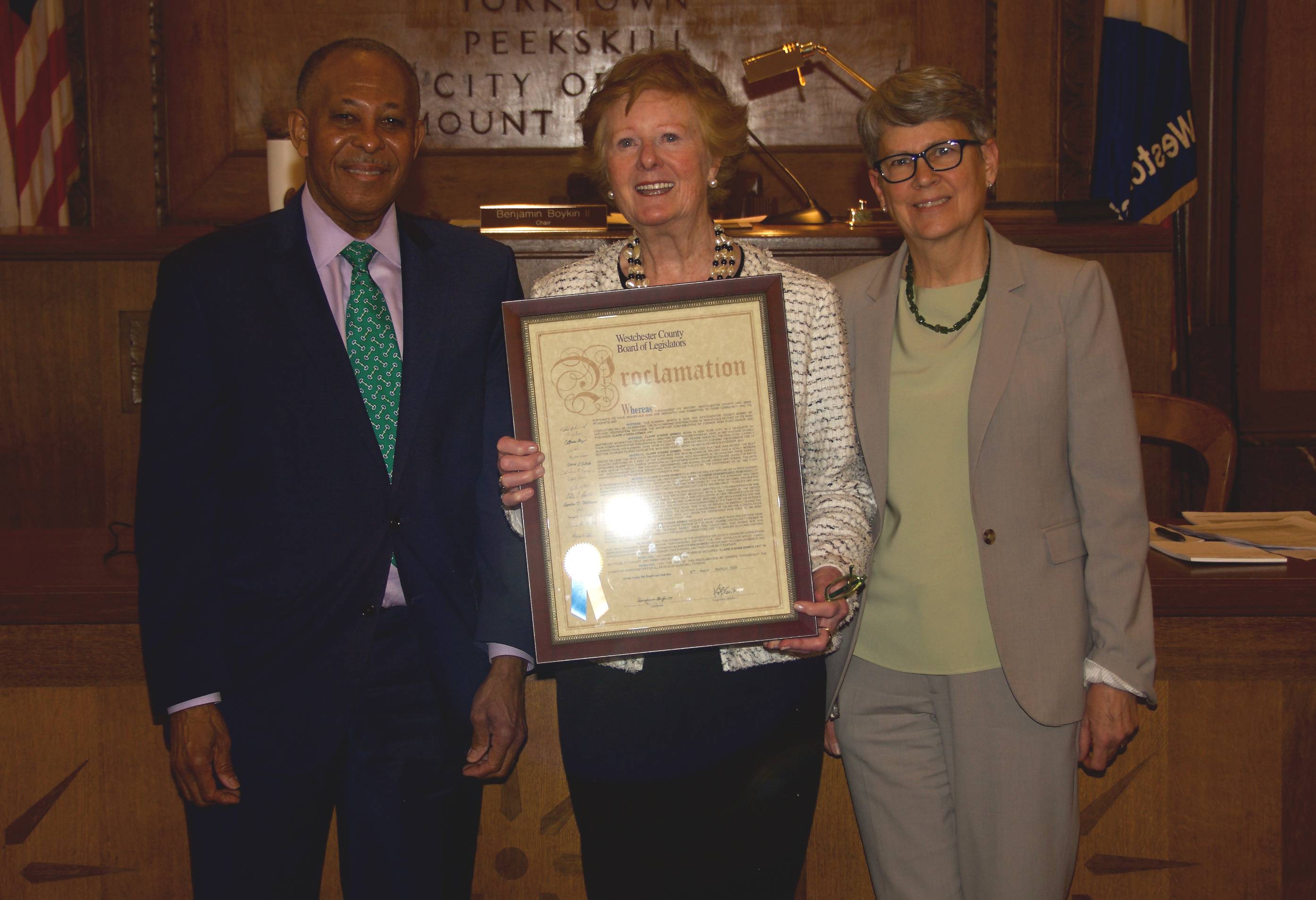 Board Chair Ben Boykin, Claire O’Gara Grime, Leg. Kitley S. Covill