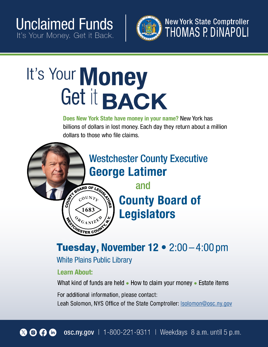 Unclaimed Funds graphic featuring George Latimer and information about the workshop