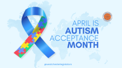 Blue ribbon with puzzle pieces and text reading