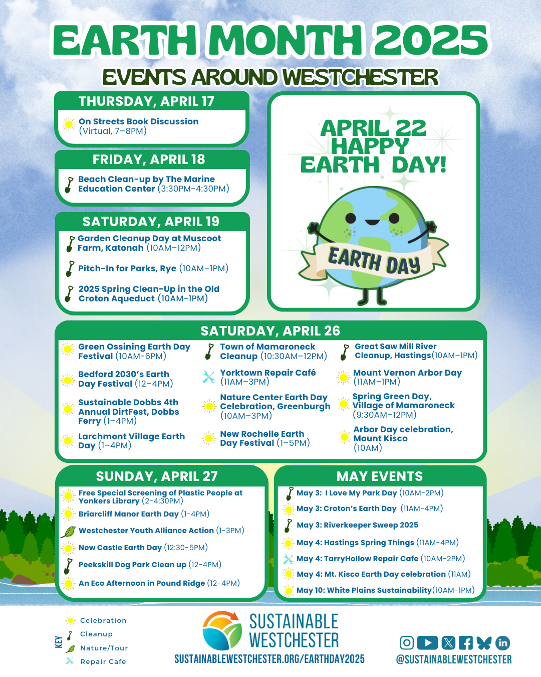Earth Month 2025 event calendar for Westchester County with dates and details for cleanups, festivals, and nature tours taking place from April 17 to May 10.
