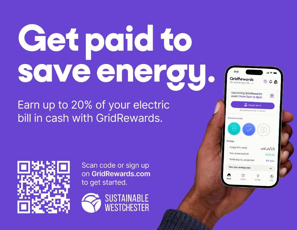 Purple graphic promoting GridRewards. A hand holds a phone showing the app, with text encouraging users to save energy and earn up to 20% off electric bills. Includes a QR code and Sustainable Westchester logo.