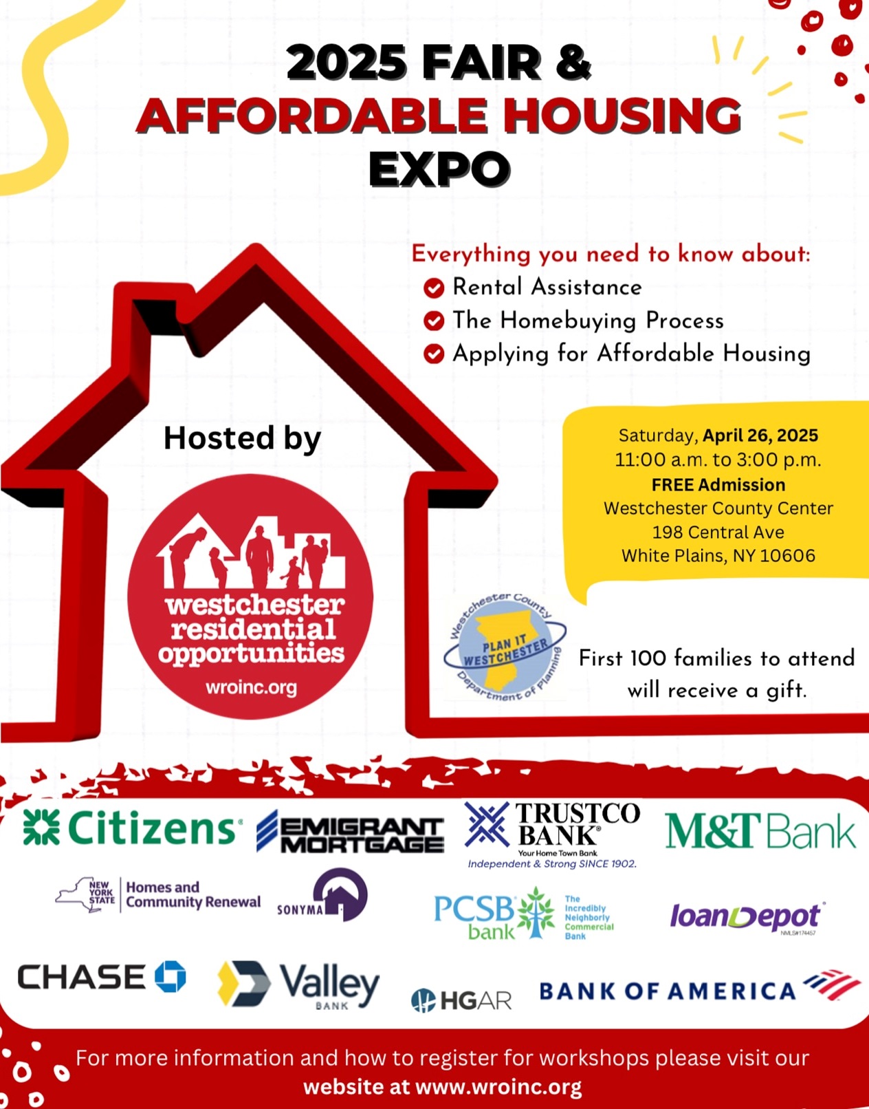 Flyer for the 2025 Fair & Affordable Housing Expo hosted by Westchester Residential Opportunities on April 26 at the Westchester County Center. Lists event details and sponsor logos.