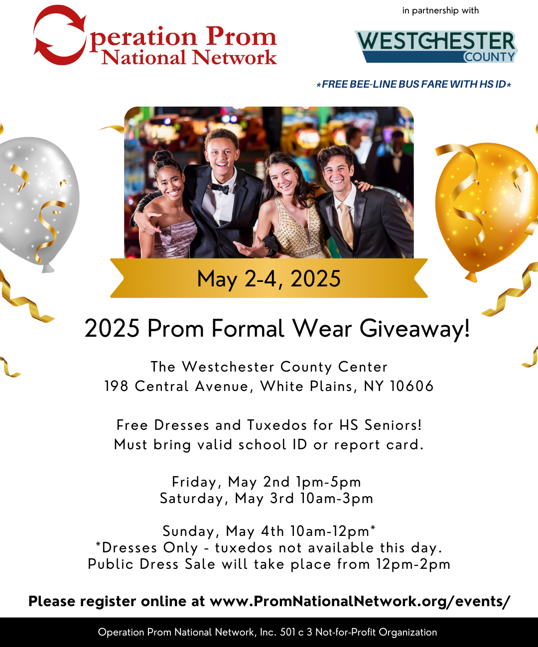 Flyer for the 2025 Prom Formal Wear Giveaway by Operation Prom, offering free dresses and tuxedos for high school seniors from May 2–4 at the Westchester County Center.