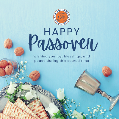 Passover greeting card with matzo, nuts, flowers, and a silver goblet on a blue background; text reads "Happy Passover."