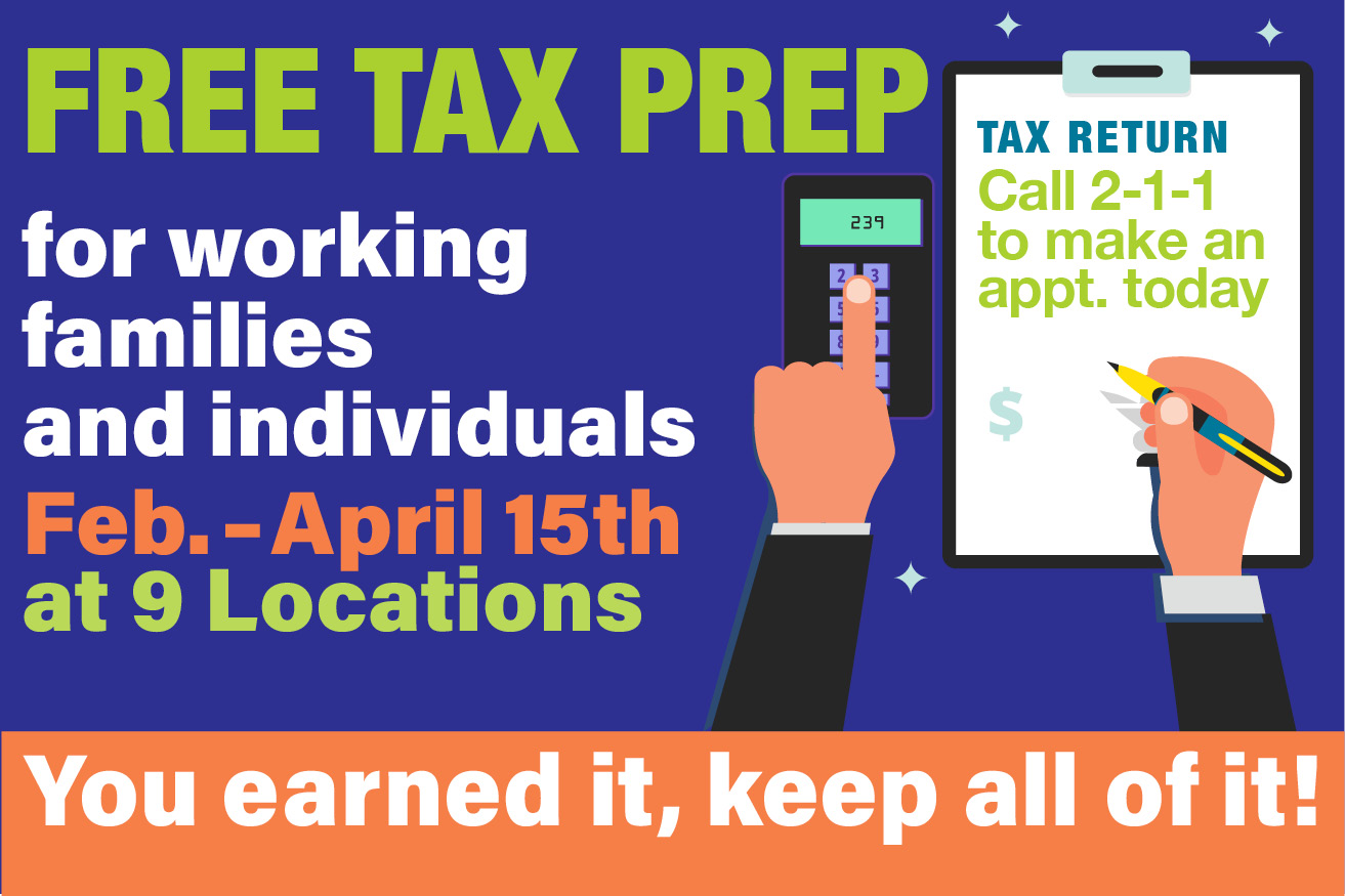 Free Tax Prep flyer with hand writing on clipboard and typing on calculator