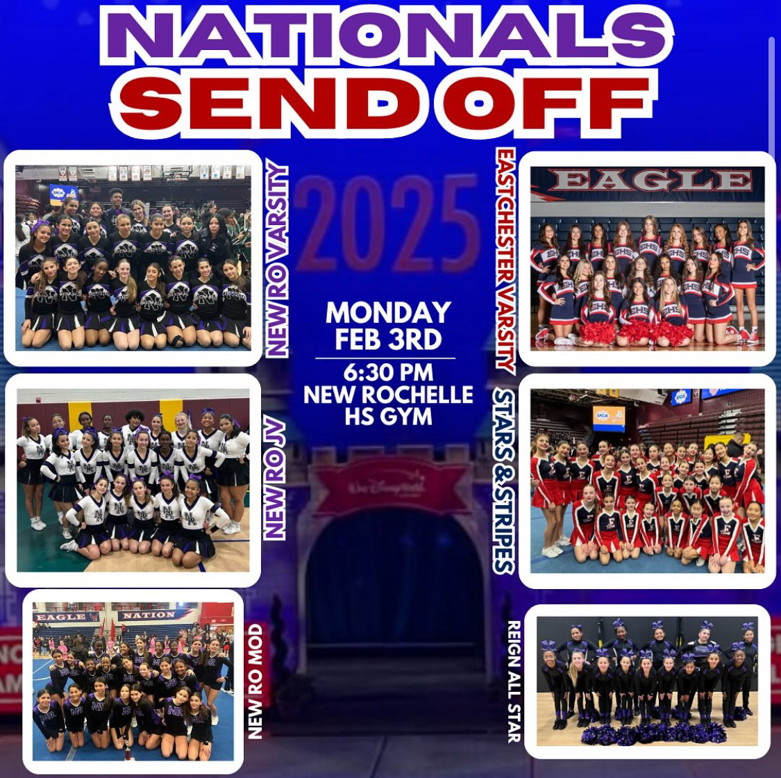 Flyer for "Nationals Send-Off" featuring team photos of cheerleading squads with a castle-themed background.
