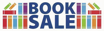 Colorful graphic with the words 'Book Sale' surrounded by rows of books.